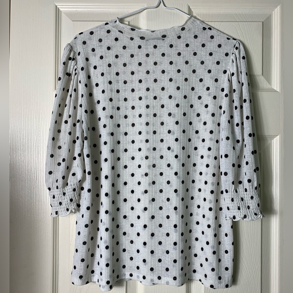 Zara | White Ruched Smocked Sleeve Top Black Polka Dot - Medium - Picture 2 of 3
